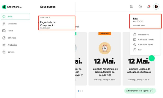 Visualização do RA na plataforma