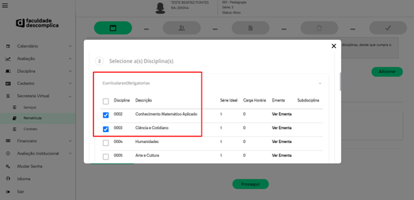 Ajuste de Grade - Inserção disciplina